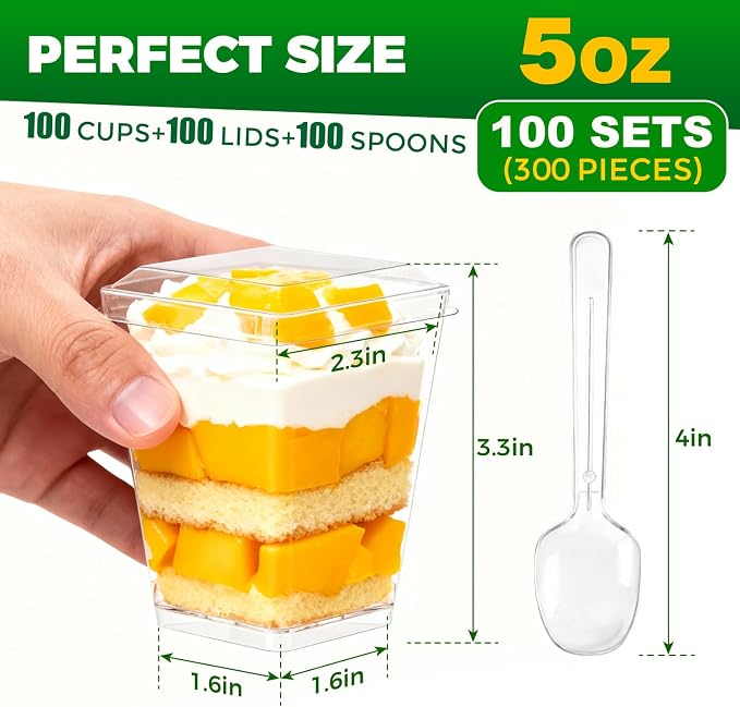 Ginkgo 100 Sets (300 Pieces) 5 oz Dessert Cups with Lids and Spoons | Sturdy & Food Safe, Clear Disposable Parfait Cups for Appetizer, Pudding, Jello, Mousse, Ice Cream, Party & Catering Supplies