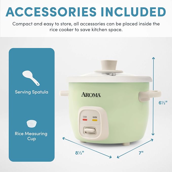 AROMA® Mini Rice Cooker, 2-Cup (Uncooked) / 4-Cup (Cooked), Grain Cooker, Soup Maker, Oatmeal Cooker, Auto Keep Warm, 1 Qt, Light Green