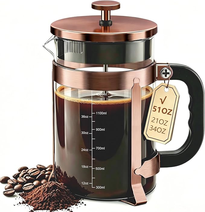 QUQIYSO French Press 51oz,Large French Press Thickened Glass Coffee Press | French Press Stainless Steel,Large Capacity Coffee Maker,Easy to Clean,4 Filter,Suitable for Party Home Office(Copper)