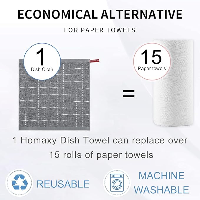 Homaxy 100% Cotton Terry Kitchen Dish Cloths, 8 Pack, Grey | Ultra Soft and Absorbent, Suitable for Drying and Washing Dishes