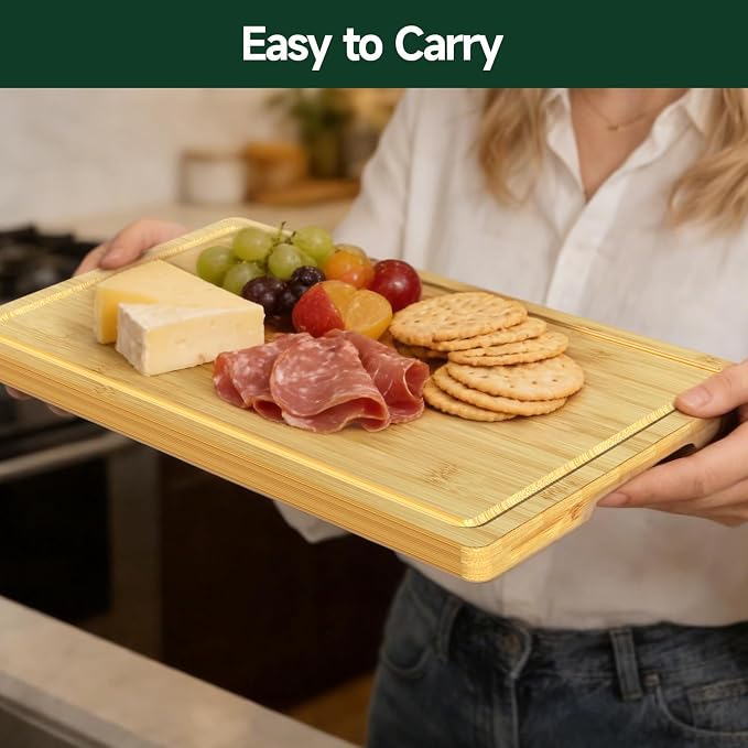 4-Piece Set Deep-Carbonized Bamboo Cutting Board for Kitchen, Natural | Crack-Resistant Wood Chopping Boards with Deep Juice Grooves, Pre-Oiled Butcher Block for Meat, Vegetables & Cheese