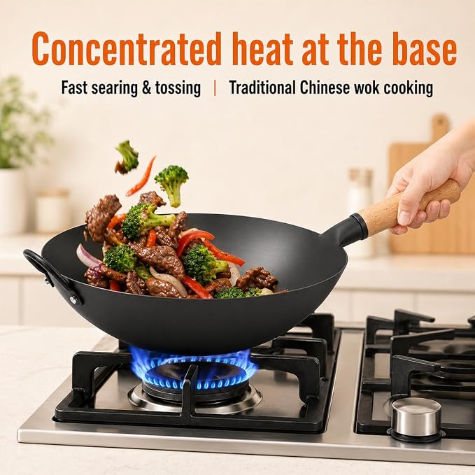WANGYUANJI 13.4 Inch Round Bottom Carbon Steel Wok, Nitrided Iron Chinese Stir Fry Pan for Gas Wok Burner, Wok Ring Needed for Flat Gas Grates, Wooden Handle
