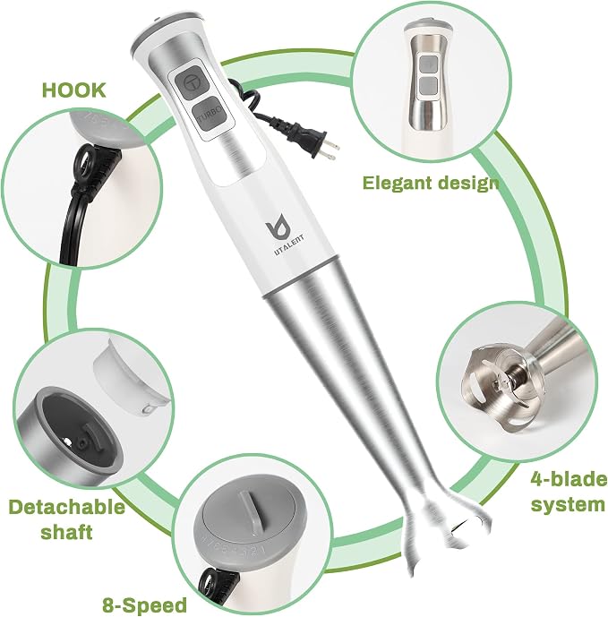 UTALENT 3-in-1 Immersion Hand Blender - Puree Baby Food, Sauces and Soups | 8-speed stick blender, Pure Copper Winding Motor, 5.2 feet power cord, 4-point Ice crush SS blade, Egg whisk, Milk frother