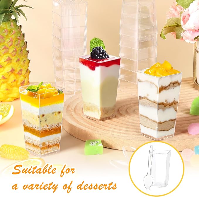 mwellewm 240 Pcs Dessert Cups with Spoons 120 Pcs 3 OZ Mini Clear Plastic Desert Parfait Cup 120 Pc Spoons for Party Small Square Serving Wine Shot Disposable Fruit Ice Cream Mousse Appetizer Bowl
