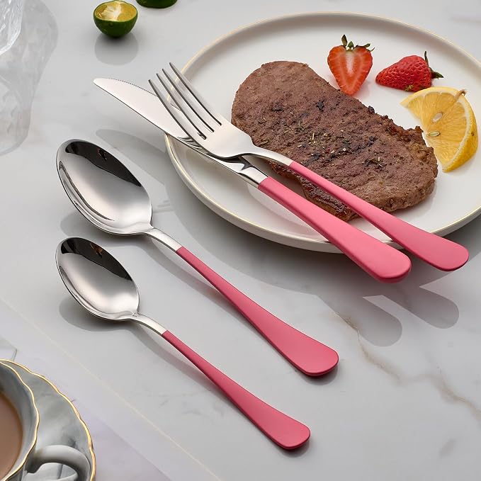 20-Piece Pink Silverware Set 18/0 Stainless Steel Flatware Pink Handle Cutlery Set Service for 4 Dinner Knives Forks Spoons Set Mirror Finish Dishwasher Saf