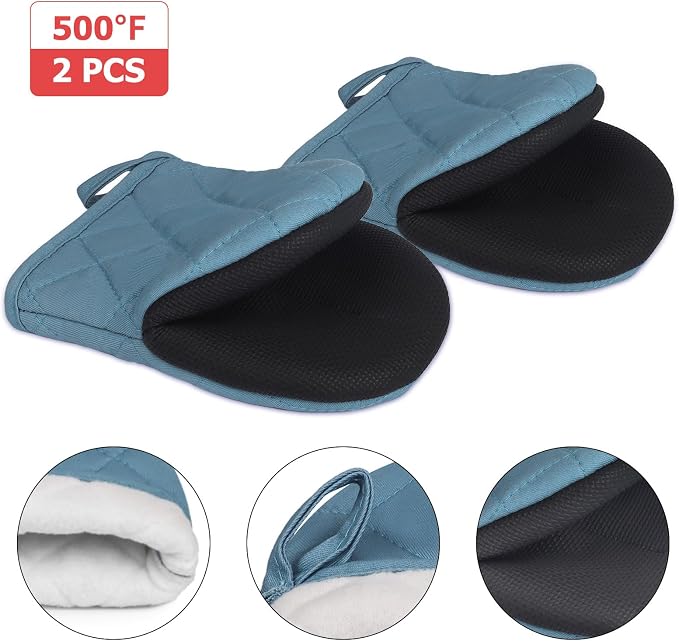 Goldmeet Mini Oven Mitts 2-Pack, 7"x5.5", 500°F Silicone Grip, Light Cyan | Non-Slip, Heat Resistant, Machine Washable, Hanging Loop, Fits Small Hands, for Baking Grilling BBQ Cooking