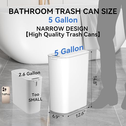 FRESHLIX Automatic Motion Sensor Bathroom Trash Can with Lid, 5 Gallon Touchless Trash Bin,Smart Electric Narrow Waterproof Garbage Bin for Toilet, Office, Bedroom, Living Room, Dorm (White