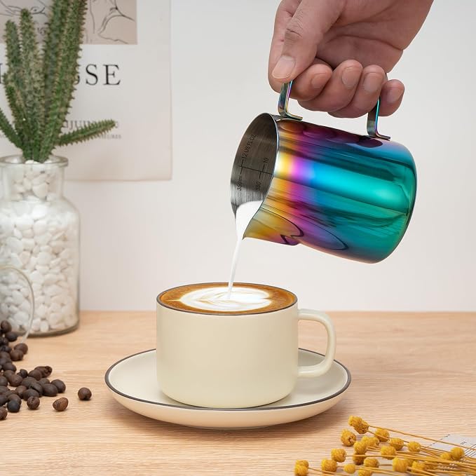 Amrules Milk Frothing Pitcher 12oz Frother Cup Barista Tools, Multicolor | 18/8 Stainless Steel, 12oz Capacity with Clear Scale, with Decorating Pen, Ergonomic Handle, for Cappuccino, Latte & Espresso