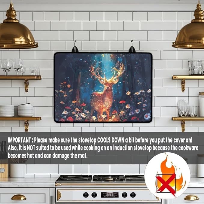 Reindeer Mushroom Daisy Flower Tree Print Electric Stove Top Cover Anti-Slip Stovetop Protector Pad 29.18 x 20.96 inch Glass Cooktop Cover Dish Drying Mat Range Covers for Friend