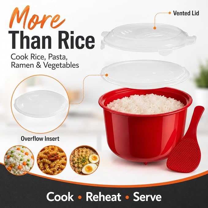 Microwave Rice Cooker with Steamer Lid and Spoon – BPA-Free 2.6L Rice Maker, Dishwasher Safe, for Basmati, Jasmine, Spanish, Indian Rice, Pasta, Ramen and Vegetables