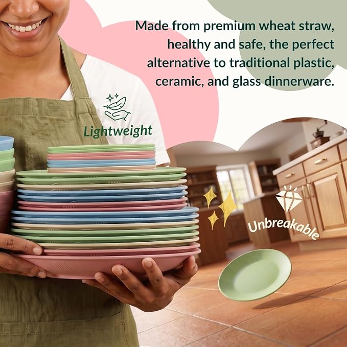 Kitchen Plates and Bowls Set 40 PCS Microwave and Dishwasher Safe Wheat Straw Dinnerware Sets Dish Sets for 8 Kitchen Plate Set for Camping, RV, Party, Apartment, Picnic, Kids-Multilight