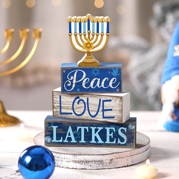Lineshading 4 Pcs Hanukkah Decorations for Home Wooden Menorah Decor | Chanukah Table Decor, Hanukkah Centerpiece, Rustic Menorah Block Signs Jewish New Year Decoration for Home Tiered Tray Decor
