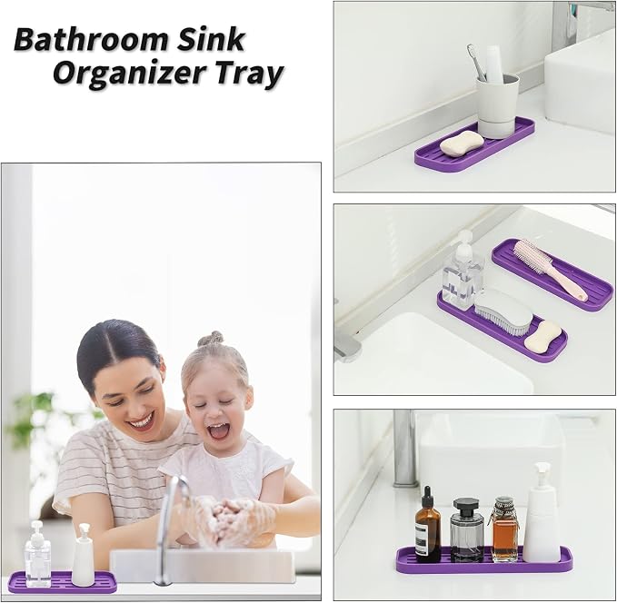 MicoYang Silicone Kitchen Sink Organizer Tray for Multiple Usage,Eco-Friendly Sponges Holder for Kitchen Bathroom Counter or Sink,Dish Soap Dispenser,Scrubber,Bottle,Cup (Purple, 12"×4")