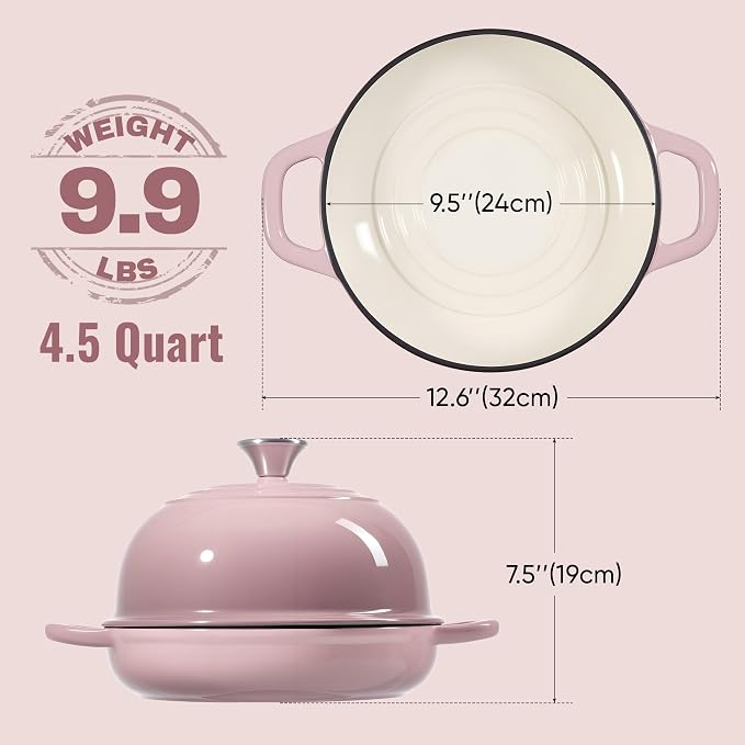 4.5 QT Dutch Oven for Bread Baking,Cast Iron Bread Oven for Sourdough,Enamelled Bread Dutch Oven with Lid,Heavy-Duty Non Stick Bread Pot, Pink