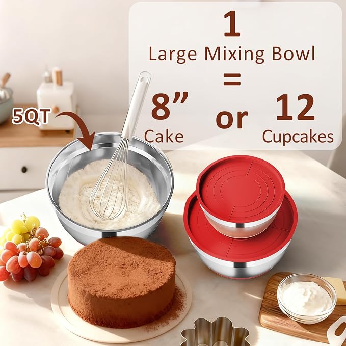9 Pack Mixing Bowls with Airtight Lids & Grater Attachments, Red | Stainless Steel Bowl, Non-slip Bases, Nesting Kitchen Bowl, Size 5, 4, 3, 2, 1.5,1QT,for Food Prep, Baking, Storage & Serving