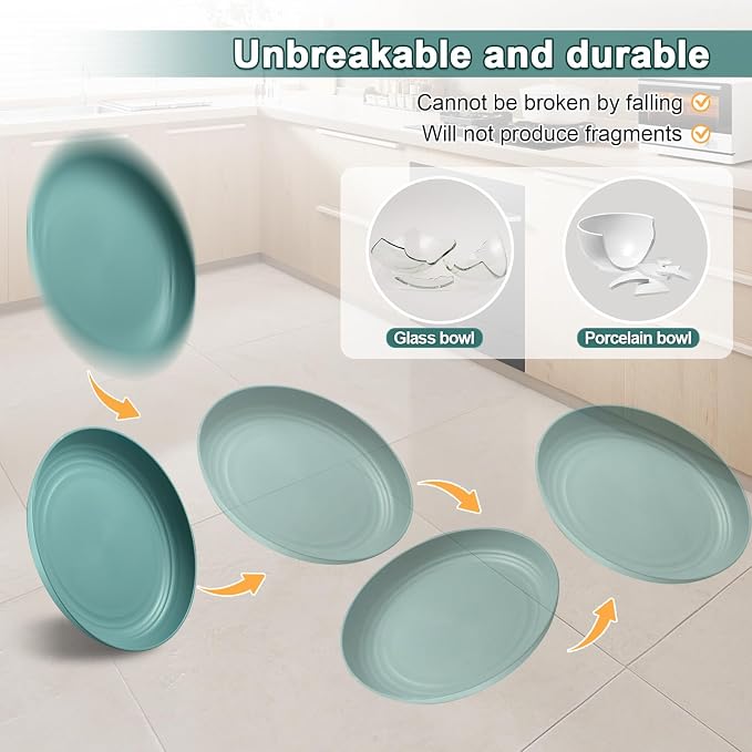 HEYCOME 12 Pcs Unbreakable Deep Dinner Plates Set, 10 inch Reusable Plastic Wheat Straw Plates, Microwave and Dishwasher Safe Plate for Kitchen, Lightweight Plate for Dessert, BPA Free, Dark Green