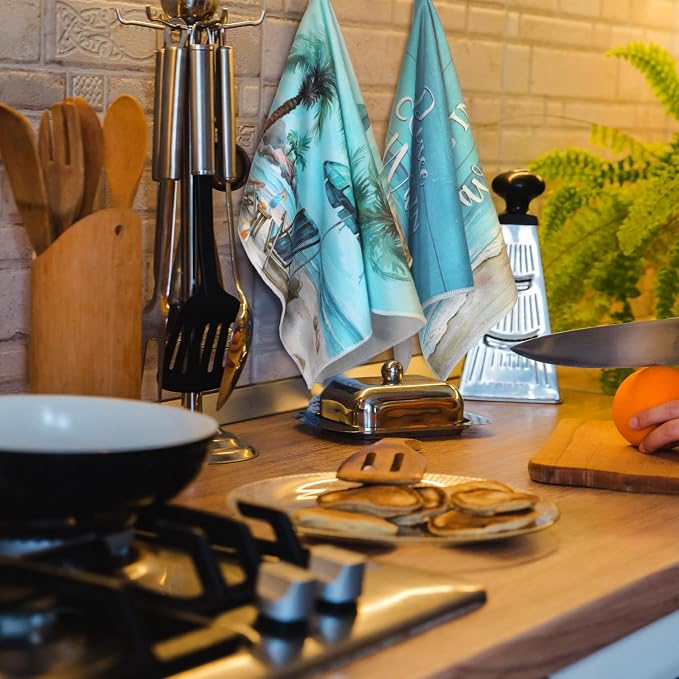 4 Pcs Summer Beach Kitchen Towels Nautical Coastal Hand Towels | Blue Ocean Waves Fast Drying Absorbent Tropical Sea Dish Cloth Housewarming Gift for Home Cooking Kitchen Bathroom