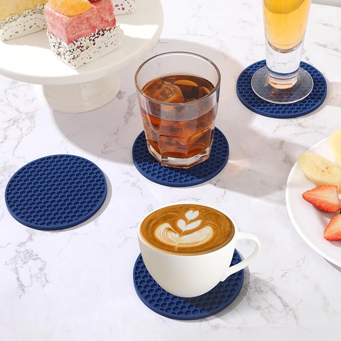 TWTLi Silicone Coasters Set of 12 with Holder — Non-Slip Drink Coasters for Coffee Table, Home Bar & Kitchen, Protects Wood & Marble Surfaces from Water Rings, Dishwasher Safe (Navy Blue)