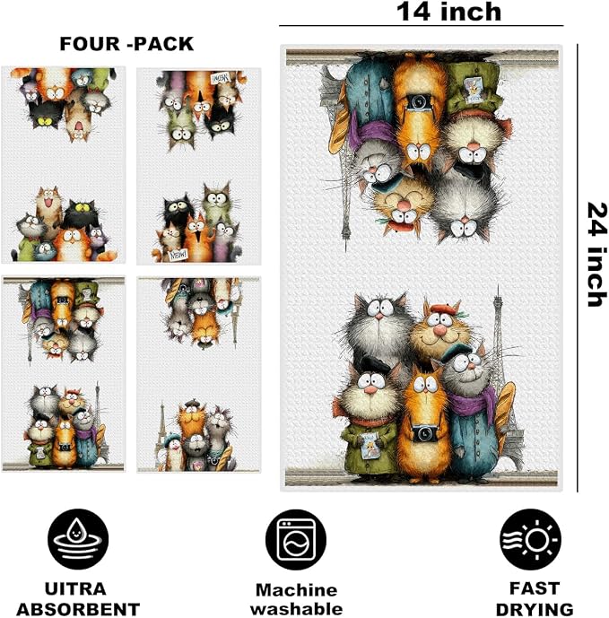 4 Pcs Cute Cat Kitchen Towels, Funny Cats Gifts Absorbent Hand Towels-08 | Cat Dish Cloths for Drying Dishes, Cats Waffle Dish Towels for Kitchen Home Bathroom Decor, Cat Lover Gifts for Women Mom