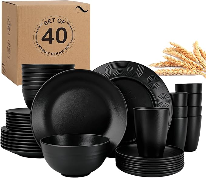 PYRMONT 40 PCS Plates and Bowls Set Wheat Straw Plate Bowl Set Unbreakable Dishes Set for 8 Dishwasher & Microwave Safe Dinner Sets for Kitchen,New House,Dorm-Black