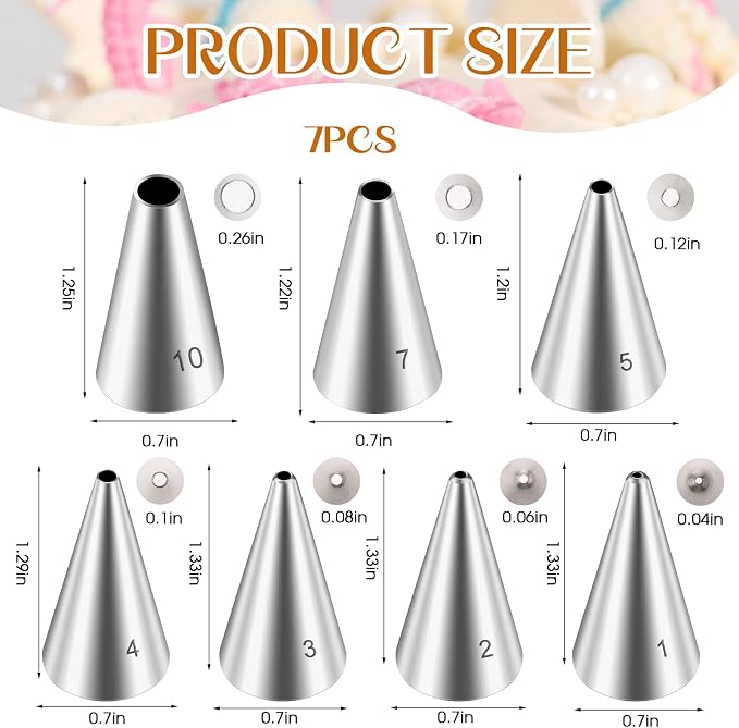 Dimeho 7 Pcs Round Hole Piping Tips Set Stainless Steel Cupcake Frosting Nozzles Cake Decorating Tool Russian Pastry Icing Dispensers Supplies for Baking Cookies Puff Doughnut Cream Bag Filler