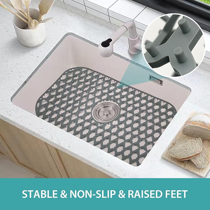 Silicone Kitchen Sink Protectors Mats - 12" 13" 14" 16" 18" 19" 21" 22" 24" 25" 26" 28" 30", Heat Resistant, Machine-wash (24”x13”, Center Drain)