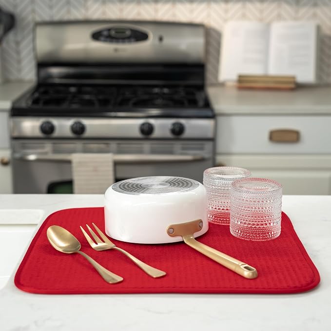 S&T INC. Dish Drying Mat, 16" x 18", Large, Red | Absorbent Microfiber, Kitchen Counter Mat for Dishes, Utensils, Pots and Pans, Machine Washable