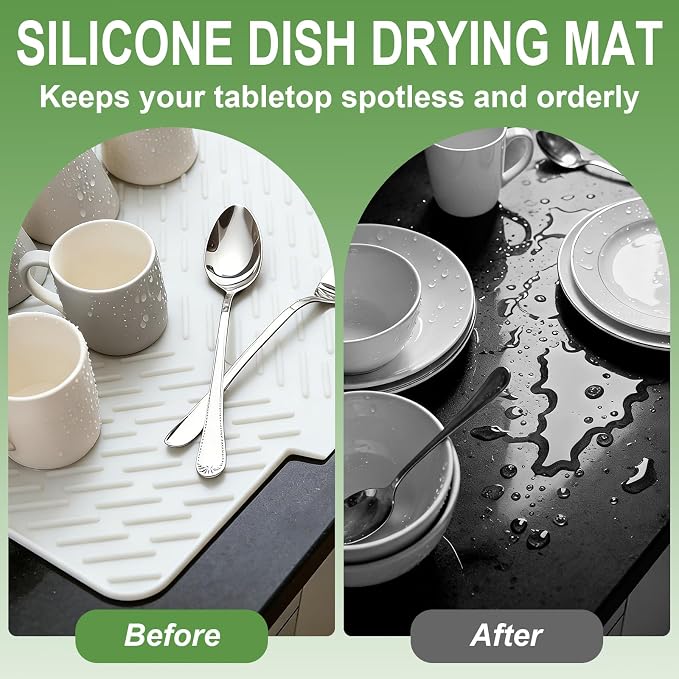 Silicone Dish Drying Mat for Kitchen Counter, White-1pcs, 23" x 17" | Heat Resistant & Non-Slip Dish Drain Pad with Built-In Drain, Dishwasher Safe, Quick-Dry, Hangable & Roll-Up for Storage