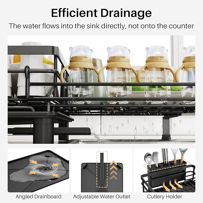 Expandable Dish Drying Rack for Kitchen Counter, Stainless Steel, Black | Foldable Over Sink, Large Capacity, Adjust to Fit Most Sinks, Angled Drainboard, Removable Utensil Holder, Slip Resistant