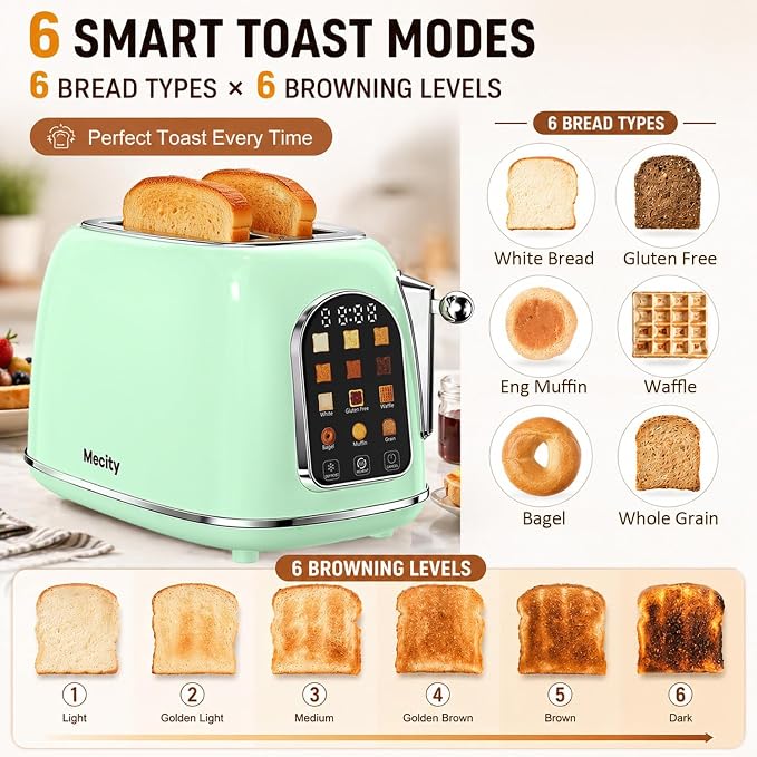 Mecity Toaster 2 Slice, Touch Screen Wide Slot Retro Toaster For Breads Bagel Muffin Waffle, House Warming Gift New Home, 120V 825W, Light Green