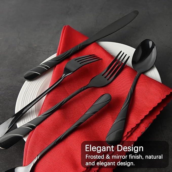Black Silverware Set for 12, 60-Piece 18/0 Stainless Steel Utensils | Frosted & Mirror Finish Flatware Set, Unique Design Modern Cutlery for Wedding Restaurant Party Event Serving For 12