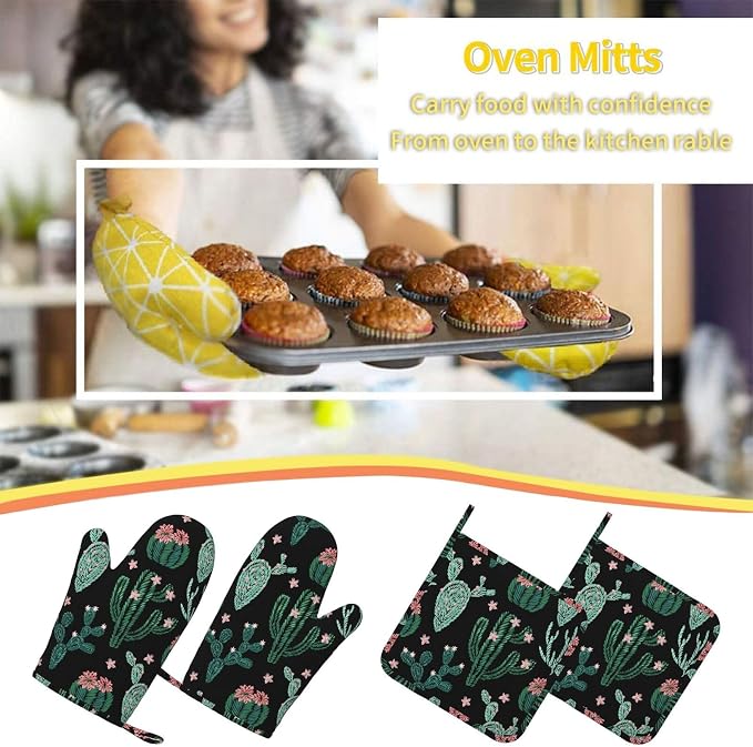 Trendy Cactus Oven Mitts and Pot Holders Sets of 4, Heat Resistant Silicone Oven Mittens and Potholders Gloves Hot Pads for Kitchen Cooking Baking Grilling BBQ Chef