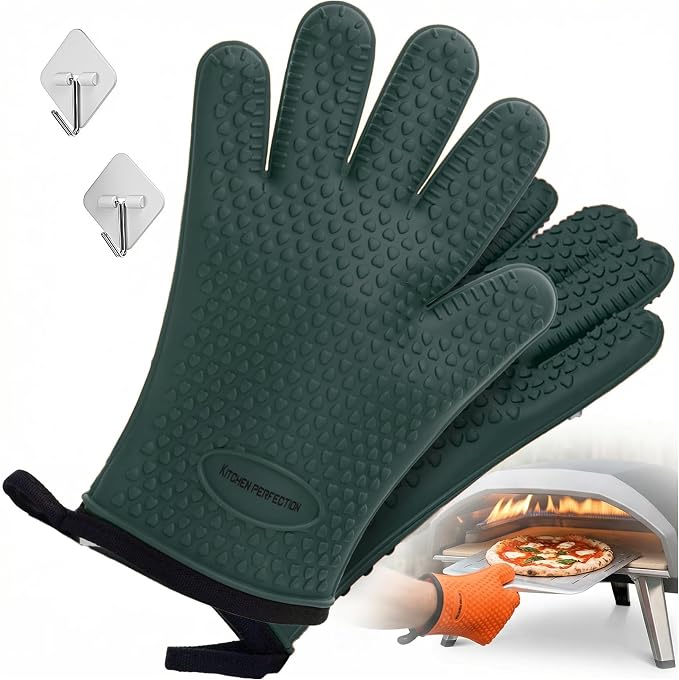 KITCHEN PERFECTION XL Silicone Pizza Oven Gloves Heat Resistant Oven Mitts | Waterproof, 5-Finger Design For A Better Grip, for Outdoor & Indoor Pizza Ovens, Compatible with Ooni, Ninja, Gozney & More