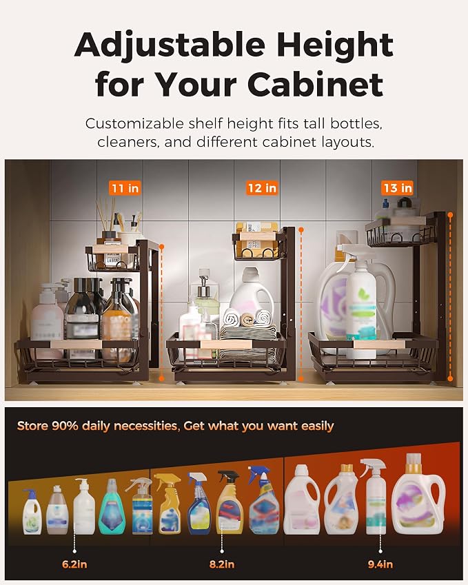 2-Pack 2-Tier Height Adjustable Under Sink Organizer & Storage | Multi-purpose storage for kitchen & bathroom cabinet. Extra Large brown shelf, height adjustable design for space-saving.