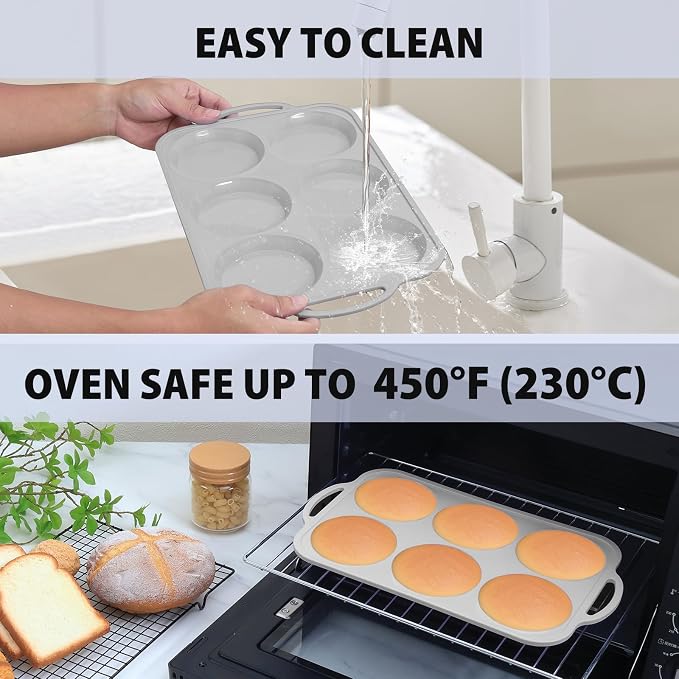 4 Inch Jumbo Silicone Muffin Top Pan with Frame Non Stick Egg Mold Baking | Silicone Egg Mold for Oven, Large Whoopie Pie Baking Pan with Handle for English Breakfast Sandwich Egg Bite Bun Tart Vnray