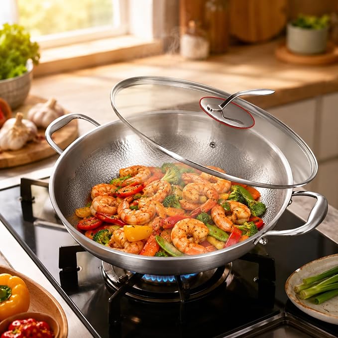 12.6 Inch Titanium Hammered Wok with Double Handles, Frying Pans Nonstick, Non-Stick Wok, Scratch-Resistant Non Stick Titanium Pans for Cooking,No lid 12.6in