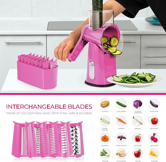 SUSTEAS Rotary Cheese Grater 5 Blades,Kitchen Mandoline Vegetable Slicer | Easy to Clean, Strong Suction Base, Blades Storage Box, Round Mandoline Slicer & Food Chopper for Cheese,Salad,Nut, Pink