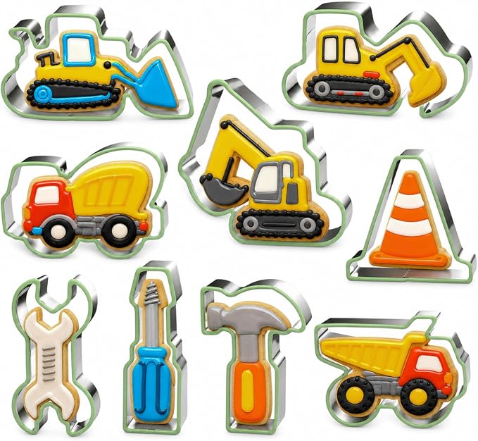 Construction Cookie Cutter Set-3 Inches-9 Piece- Excavator Digger Bulldozer Dump Truck Hammer Wrench Construction Tools Cutters Molds for Kids Construction Themed Party | Dishwasher-safe stainless steel cutters for cookies, fondant, sandwiches, constru...