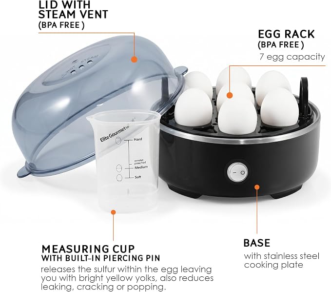 Elite Gourmet EGC115B Easy Egg Cooker, 7-Egg, BPA-Free, Classic Black | Cooks soft, medium, or hard-boiled eggs with auto shut-off - electric operation - includes measuring cup