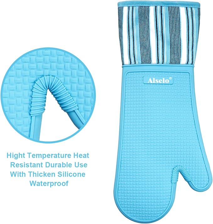 Alselo Silicone Oven Mitts Set, Heat Resistant 550 Degree,7.5"x16" | Extra Long Kitchen Mittens,Waterproof & Non-Silp Oven gloves for Baking Cooking Barbecue Microwave (Extra Long Sapphire, 2)