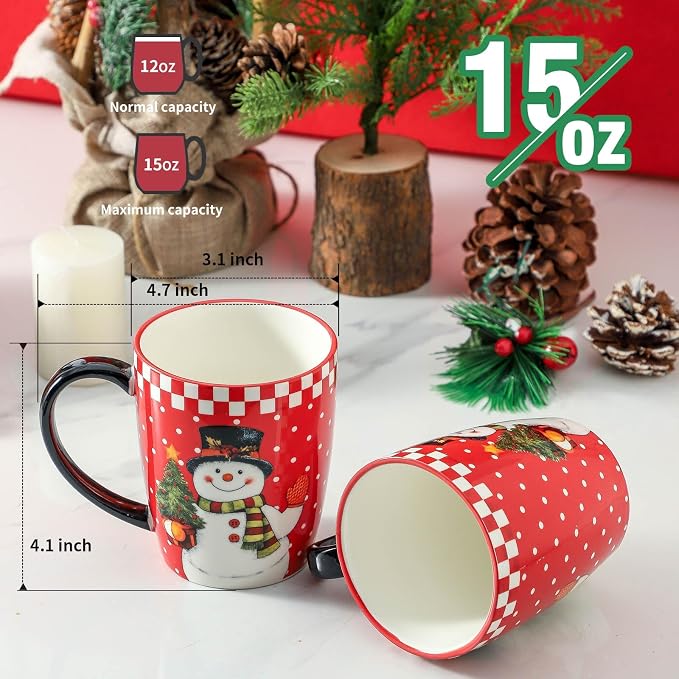 HASENSE Christmas Coffee Mugs Set of 4,15 oz Ceramic Holiday Cups with Handles, Matching Xmas Mugs for Hot Cocoa,Coffee or Tea,Ideal Xmas Gifts for Family,Friends,and Holiday Parties,Colorful
