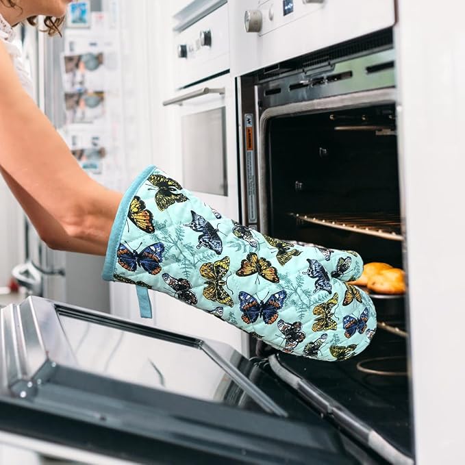 Oven Mitts Cotton Fashion Cute Butterfly Design 1 Pair | Heat Resistant Oven Gloves Safe Cooking Baking Grilling Barbecue Machine Washable Pot holders Christmas Gift (Butterfly)