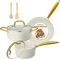 M MELENTA Pots and Pans Set 7 piece, Non Stick White Granite Cookware Set | Compact Starter Cookware, Nonstick Pots and Pans Set, Induction Cookware, Kitchen Cooking Set, Oven Safe, PFOA Free
