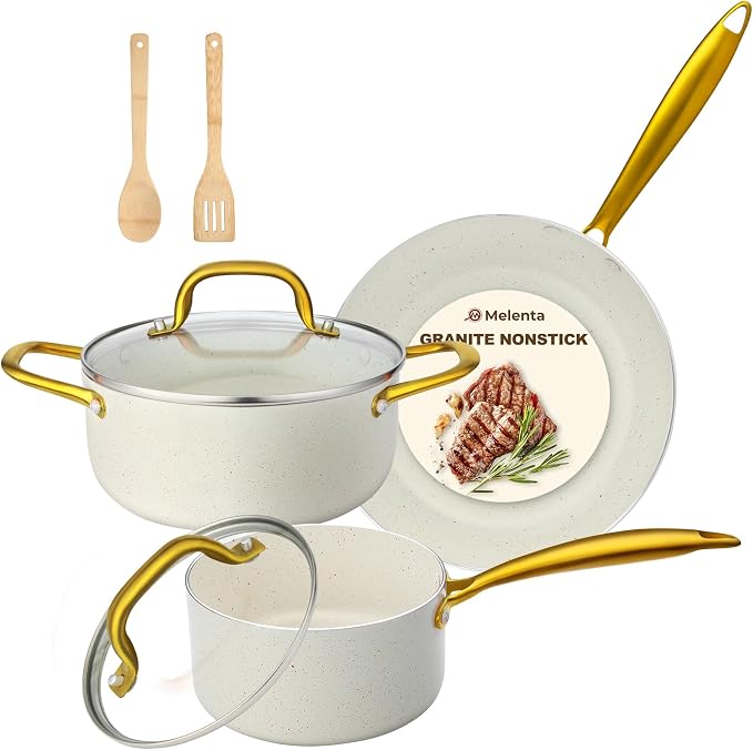 M MELENTA Pots and Pans Set 7 piece, Non Stick White Granite Cookware Set | Compact Starter Cookware, Nonstick Pots and Pans Set, Induction Cookware, Kitchen Cooking Set, Oven Safe, PFOA Free