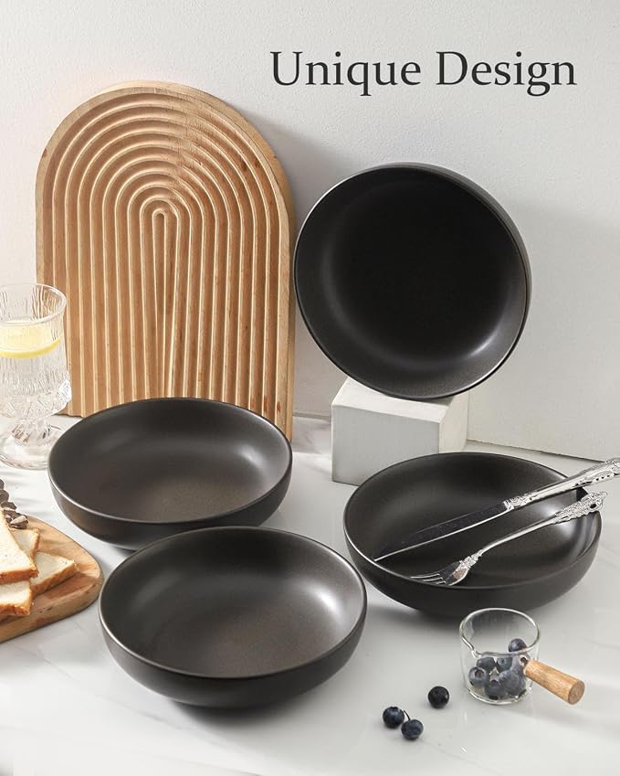 Stoneware Pasta Bowls, 34 oz Large Salad Bowl Set of 4, Ceramic Serving Bowls for Ramen, Pasta, Fruit, Cereal, Dinner, Wide and Shallow Bowls, Microwave & Dishwasher Safe, Matte Black