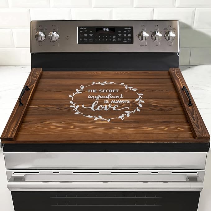 Noodle Board Stovetop Cover with Handles, Sink Wood Block Covers for Electric & Gas Stove, RV Stove Burner, Farmhouse Decorative Wooden Tray for Kitchen-The Secret Ingredient is Always Love