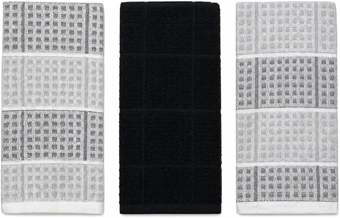 Black Gray Kitchen Dish Towels- Set of 3 100% Cotton Cloth Soft Cleaning Drying Absorbent Textured Honeycomb Weave- Oversized 28" x 18" Multipurpose Towels for Everyday Use