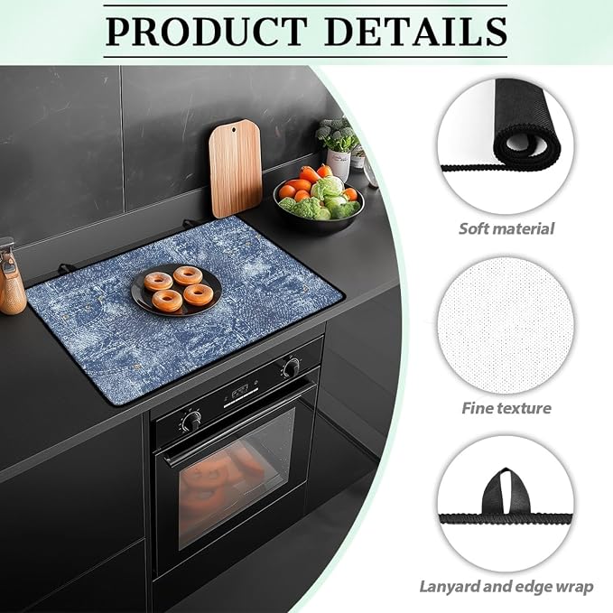 Denim Patchwork Style Stove Top Covers for Electric Stove, Jean Print Patchwork Glass Stovetop Cover with Lanyard Blue Miscellaneous Countertop Protector Mat for Kitchen 28 x 20 Inch