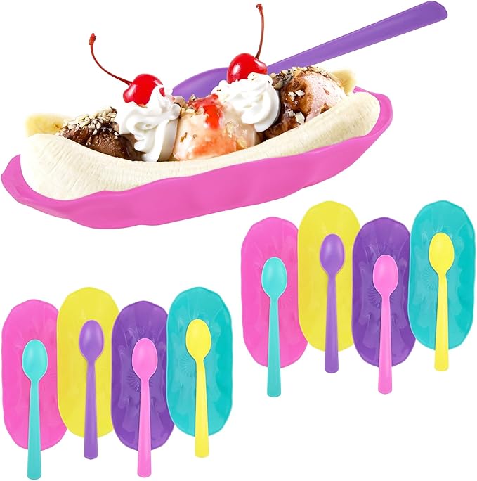 Set of 4 Reusable Banana Split Boats with Color Matching Spoons Use as Desert Dish, Ice Cream Sundae, Fruit Bowls, Ice Cream Bowl, Brownies,Snack Trays BPA Free (8 pack)