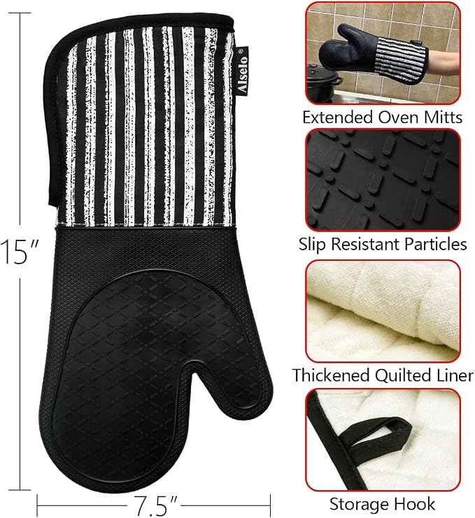 Alselo Silicone Oven Mitts Heat Resistant 932℉ with Waterproof & Non-Slip | Kitchen Mittens Set of 2,Extra Long 7.5"x15" Oven Gloves with Soft Cotton Terry Lining for Baking Cooking BBQ(Black,2)